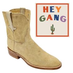 Boots# Hey Gang Model: The Ranch Boot (Women's) Very Limited Availability, Currently Offered Via Pre-Orders And Sold-Out. Description From Hey Gang: A Roper Style Cowboy Boot Made With 100% Calf Skin Rough Out Suede In A Tan Neutral Shade That Goes With Everything. Natural Welt, 6" Shaft, 1 1/4" Heel With A Rubber Cap, Roper Heel And Roper Toe, B Width. Color: Tan / Neutral Us Women's Size: 11 ==Honest Condition Report== Appears In New, Unworn Condition, Light Signs Of Wear From Handling Uppers: Suede Moto Boots With Round Toe For Ranch, Western Boots With Suede Lining And Round Toe, Beige Boots With Reinforced Round Toe, Western Closed Toe Boots With Suede Lining, Beige Round Toe Boots For Ranch, Beige Closed Toe Boots With Suede Lining, Suede Round Toe Boots For Western-themed Events, Suede Round Toe Boots For Western Events, Ranch Boots