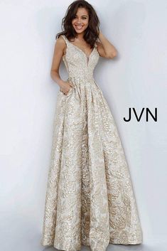 JVN2228 Champagne Plunging Neckline Evening Ballgown ﻿​ Style Code: JVN2228 Available Colors: champagne Available Sizes: 00 - 24 Champagne Evening Gown, Jovani Gown, A Line Evening Dress, Jovani Dresses, Ball Gown Skirt, Ladies Gown, Ball Gowns Prom, Metallic Dress, Look Vintage