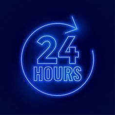 24 hours neon sign with arrow in the center on dark background stock photo - budget conscious