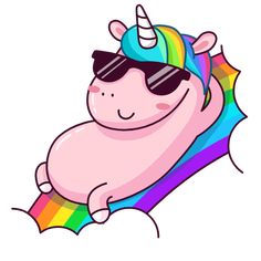 a sticker with an image of a unicorn wearing sunglasses and a rainbow hat on it's head