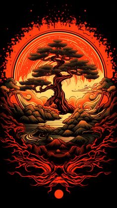 an orange and black poster with a tree in the middle, surrounded by water waves