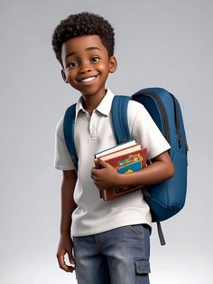 a young boy with a book in his hand and a backpack on his back is smiling at the camera