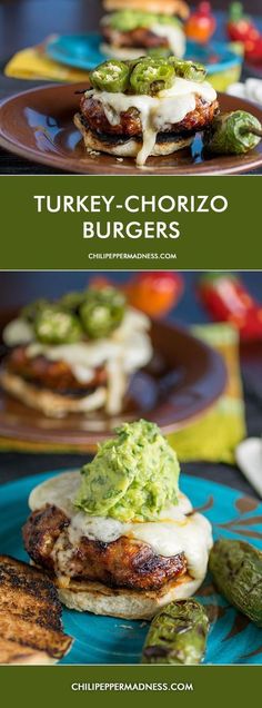 two plates with different types of burgers on them and the words turkey chorizo burger