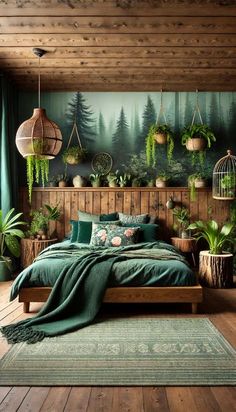 Nature Lover Bedroom, Cozy Emerald Green Bedroom, Forest Green And Blue Bedroom, Forest Bedroom Furniture, Forest Bedroom Paint Colors, Forest Themed Interior Design, Boho Emerald Green Bedroom, Woodsy Bedroom Decor, Organic Industrial Bedroom