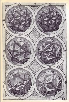 four dimensional shapes are shown in black and white, each with different geometric designs on them