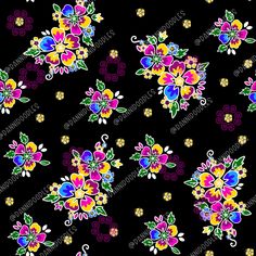 a black background with colorful flowers and swirls