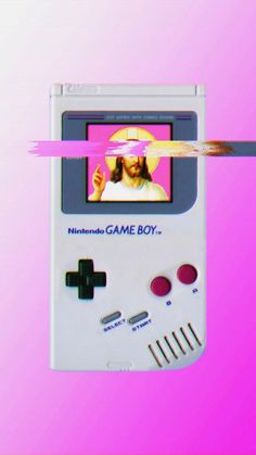 an old nintendo game boy with a pink background