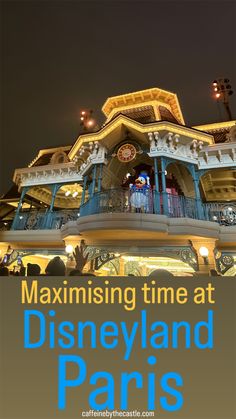 the front entrance to disneyland's paris hotel at night with text overlaying it