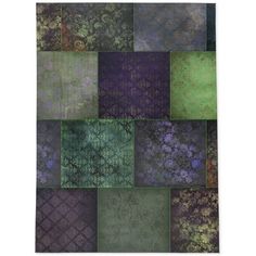 a patchwork rug with many different colors and patterns on the front, including green, purple