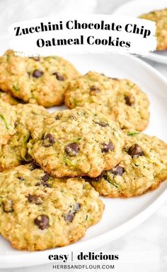 zucchini chocolate chip oatmeal cookies on a white plate with text overlay