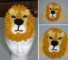 three pictures of a crocheted hat with a lion's head on it