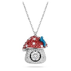 a red, white and blue hat necklace with diamonds on the bottom is shown in silver