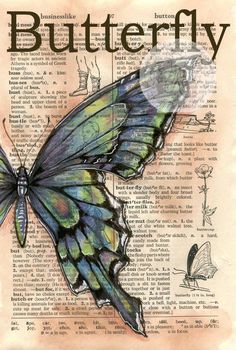 a blue butterfly sitting on top of an old book page with words written below it