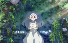 an anime character standing in the middle of a forest with trees and plants around her