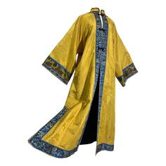 Traditional Imperial Yellow Embroidered Chinese Summer Robe w Blue Banding: Asian-patterned damask fabric with front frog closures down front blue placket and banded collar. Full sleeves. Lined in black silk satin. Fits up to US size 10. Damask Fabric, Kimono Vintage, Us Size 10, Full Sleeves, Black Silk, Yellow Dress, Full Sleeve, Silk Satin, Size 10