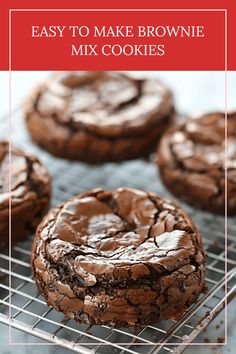 chocolate cookies cooling on a wire rack with text overlay that reads easy to make brownie mix cookies