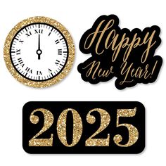 new year's eve and happy new year stickers with clock on white background