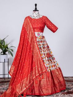 Beautiful red lehenga choli for bridesmaid, designer patola print lehenga with foil work, exclusive dola silk lehenga, wedding chaniya choli Lehenga(Stitched) Color : Red  Lehenga Fabric : Dola Silk  Lehenga Work : Patola Print with foil work patta Waist : SUPPORTED UP TO 40 Lehenga Closer : Drawstring With Zip And Heavy Tassels Stitching : Stitched With Canvas and attached with Can Can Length : 40 Flair : 3.80 Meter  Inner : Micro Cotton Blouse(Unstitched) Blouse fabric : Dola Silk   Blouse Wor Wedding Chaniya Choli, Patola Print, Print Lehenga, Red Lehenga Choli, Blouse Lehenga, Half Saree Lehenga, Lehenga Designs Simple, Party Wear Lehenga Choli, Lehenga Blouse Designs