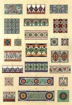 an old book with different types of decorative tiles and designs on the pages, including flowers