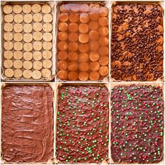 six different types of chocolates and cookies in trays with sprinkles