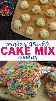 rainbow sprinkle cake mix cookies on a cutting board