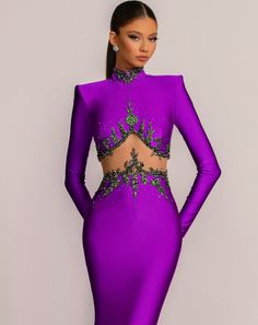 Elegant Lavender Party Dress, Fitted Lavender Gown For Gala, Glamorous Formal High Neck Evening Dress, Fitted Long Sleeve Purple Gown, Glamorous High Neck Formal Evening Dress, Purple Long Sleeve Evening Dress For Prom, Purple Fitted Long Sleeve Gown, Purple Long Sleeve Evening Dress For Wedding, Lavender Fitted Gown For Gala