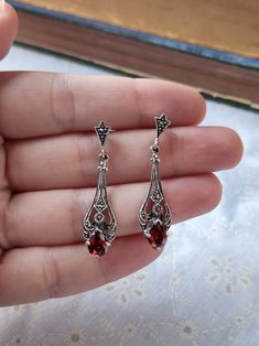 Victorian Dangle Earrings Sterling Silver Marcasite Red Glass 925 Romantic Gothic Dark Academia Speakeasy Filigree Earrings Red Drop Dangle - Etsy Ornate Red Teardrop Jewelry, Red Filigree Dangle Jewelry, Ornate Red Drop Earrings, Red Dangle Filigree Jewelry, Ornate Red Sterling Silver Earrings, Red Filigree Drop Earrings, Red Filigree Dangle Earrings, Red Sterling Silver Filigree Earrings, Red Victorian Sterling Silver Jewelry