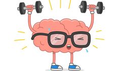 a cartoon brain lifting two dumbbells in the shape of a human head with glasses