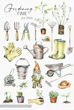 watercolor painting of gardening tools and plants