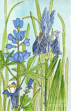 a drawing of blue flowers and green grass