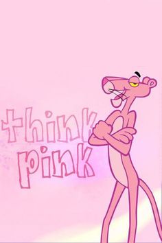 pink cartoon character with the words think pink on it's chest and arms crossed