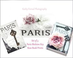 the paris book prints are on display with flowers and books in front of each other