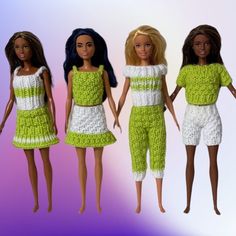 three barbie dolls are standing next to each other wearing green and white outfits with matching hair