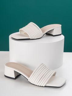 White Elegant Collar   Plain Mules Embellished   Women Shoes White Block Heel Mules For Party, Trendy White Open Heel Mules, White Synthetic Mules, White Open Heel Mules With Buckle Closure, Modern White Flat-heel Mules, Black Bridal Makeup, Heeled Mule, Footwear Design, Black Bridal