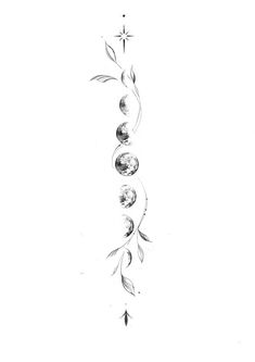 a black and white drawing of the moon with leaves hanging from it's side