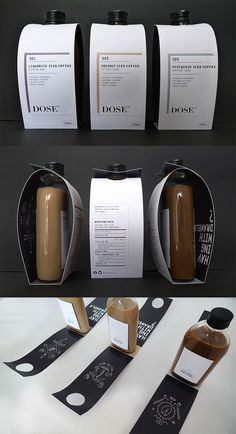 coffee packaging mockups are displayed on black and white paper