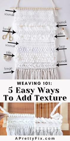 Learn to create beautiful texture to your weaving by following this step-by-step tutorial that utilizes 5 easy techniques. So simple and pretty! #diyweaving #woven #texture #beginnerweaving Art Yarn Weaving, Wall Weaving, Wall Weave, Peg Loom