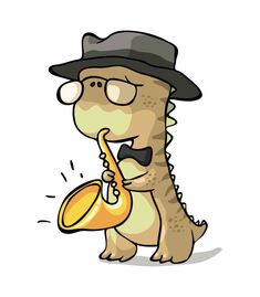 a cartoon dinosaur with a hat and glasses playing the saxophone while wearing a fedora