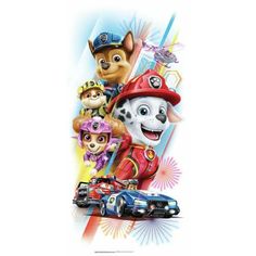 the paw patrol movie poster is shown with cars and firemen in front of them