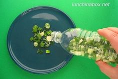 a person is pouring green vegetables into a plastic container on a blue plate with a green background