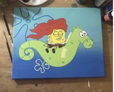 a painting of a cartoon character riding a green sea horse with red hair and blue eyes