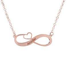 Personalized accessories make thoughtful gifts. Go ahead and pick up this polished infinity heart necklace for your loved one or treat yourself to this chic customized piece -- you deserve it! From Veronese Collection® Jewelry. Customized Rose Gold Heart Pendant Jewelry, Personalized Double Heart Rose Gold Jewelry, Personalized Infinity Rose Gold Jewelry, Customized Rose Gold Heart Pendant Necklace, Personalized Rose Gold Infinity Jewelry, Customized Heart-shaped Rose Gold Necklaces, Customized Rose Gold Heart Necklaces, Valentine's Day Rose Gold Infinity Necklace, Infinity Heart Charm Necklace For Valentine's Day