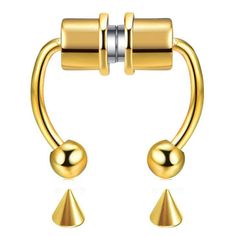 gold nose ring with two bells on the end and an earring attached to it