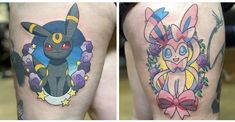 two tattoos with different designs on them, one has a cat and the other has a bunny