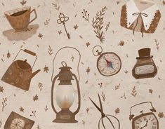 an image of various items that are on the wall in the room, including tea kettles and clocks