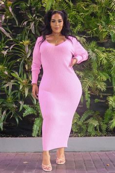 Available In Black, Red, Pink, Blue And Taupe Ribbed Dress V Neckline Ankle Length Long Sleeve Knit 70% Rayon 30% Nylon Imported | Kallan Knit Dress in Pink size 1X by Fashion Nova Kallan Knit Dress, Bright Outfits, Ribbed Dress, Plus Size Models, Ribbed Dresses, Knit Midi, Curve Dresses, Knit Midi Dress, Womens Loungewear