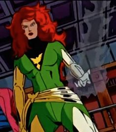 an animated image of a woman with red hair and green outfit sitting on a chair