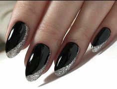 Black And White Bridal Nails, Nails Black Almond, Black Almond Nails Designs, Silver Tip Nails, Black Sparkle Nails, Black Prom Nails, Black Silver Nails, Sparkly Acrylic Nails, Silver Acrylic Nails