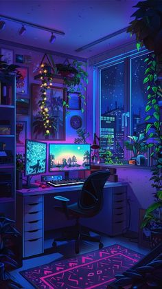 an image of a room that is lit up with neon lights and plants on the desk