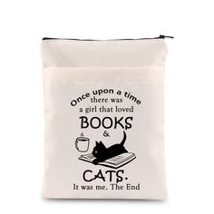 a white bag with a black cat on it that says, once upon a time there was